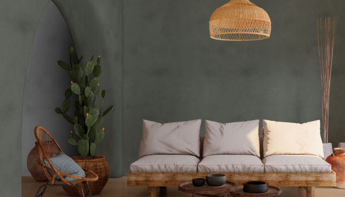 Living moderno con pareti in microcemento Micro Supreme color verde e pavimento effetto naturale, arredamento rustico ed elegante.