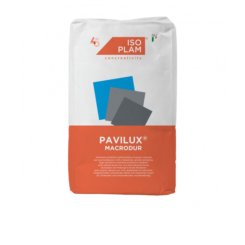 Premixed quartz hardener Pavilux Macrodur Isoplam for industrial floors and anti-slip ramps, high wear and abrasion resistance.