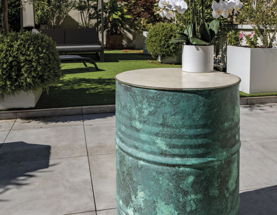 Oxydecor Verderame, verdigris garden table covering. Padua, Italy