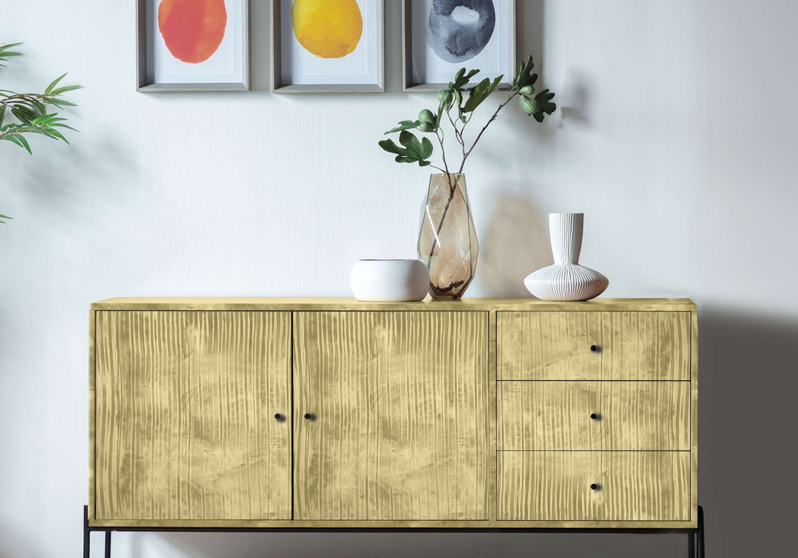 Mobile in Plamina Ottone Isoplam finitura Canna di Bamboo, rivestimento decorativo effetto metallico.