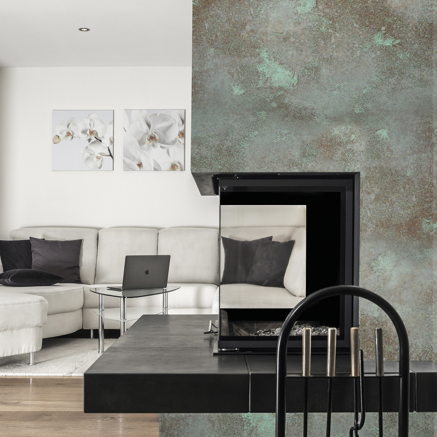 caminetto rivestito Oxydecor effetto verderame ossidato