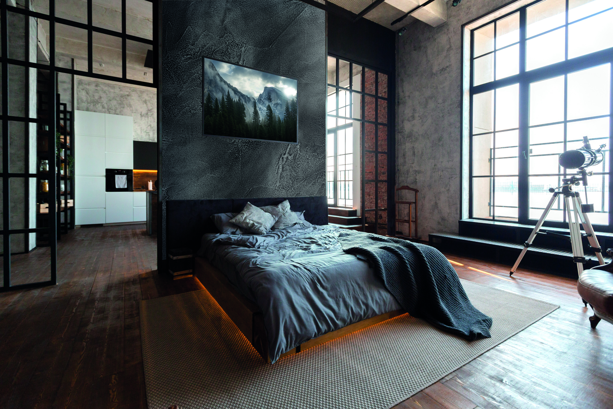 camera da letto con parete Plamina colore Ferro effetto metallico