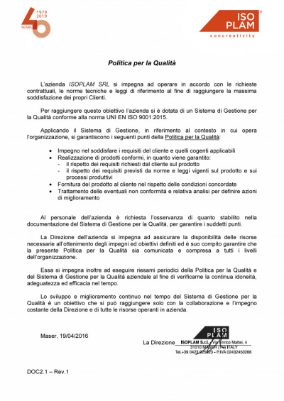 Documento ufficiale Politica per la Qualità di ISOPLAM Srl conforme alla norma ISO 9001:2015