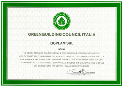 Certificato di adesione di ISOPLAM Srl al Green Building Council Italia per l’impegno nella sostenibilità e nell’edilizia responsabile