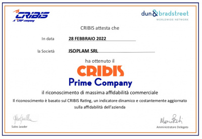 Certificazione CRIBIS Prime Company di ISOPLAM Srl, riconoscimento di massima affidabilità commerciale assegnato da CRIBIS – Dun & Bradstreet