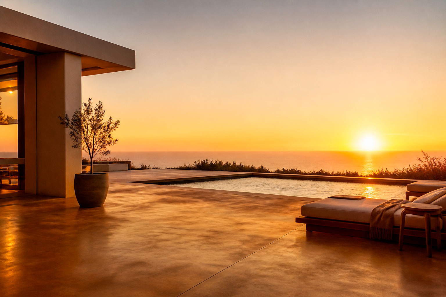 pavimento esterno al tramonto bordo piscina in cemento effetto fiammato con acidificata