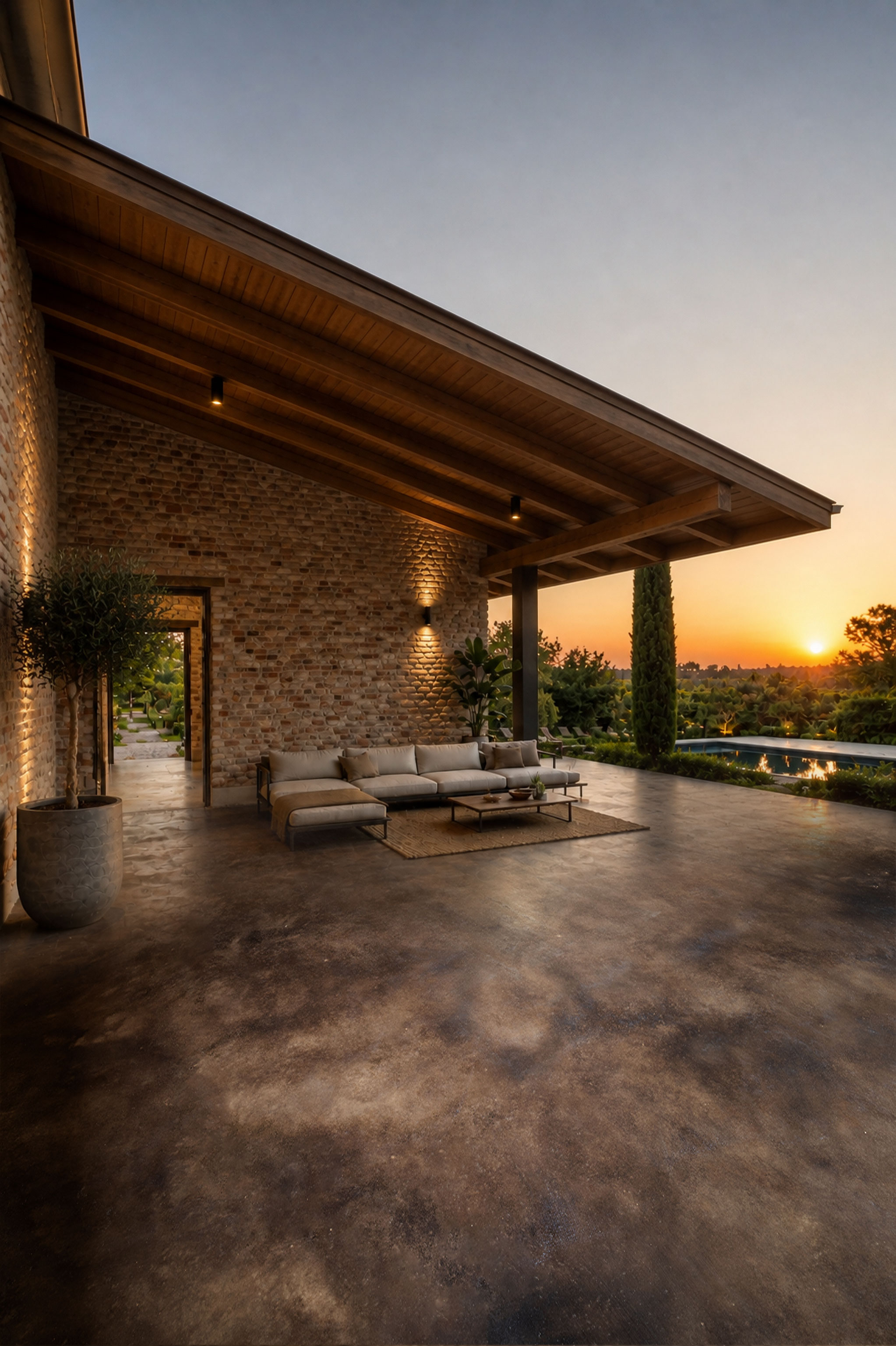 patio esterno con divano e piscina al tramonto con pavimento in cemento acidificato