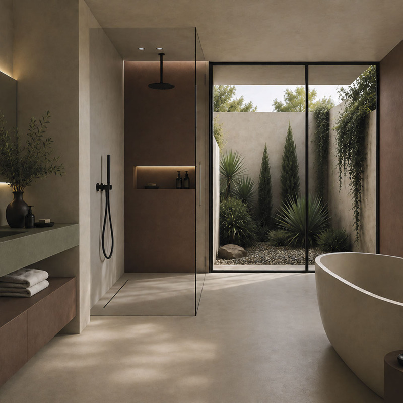 Ambiente bagno: con Microverlay di Isoplam la materia continua ridisegna la geografia domestica micocemento microverlay colori palette madre terra pareti bagno